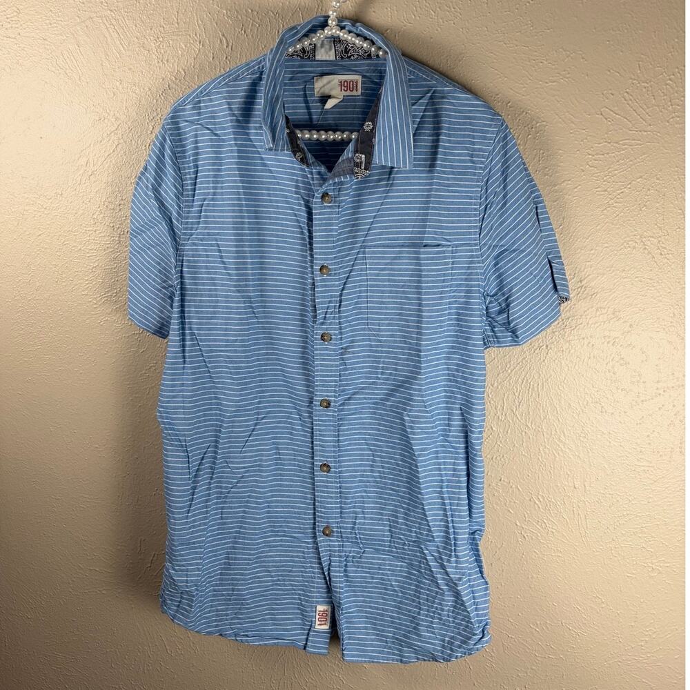 1901 Button Front Shirt Mens Size Large Blue Striped Short Sleeve Casual Top